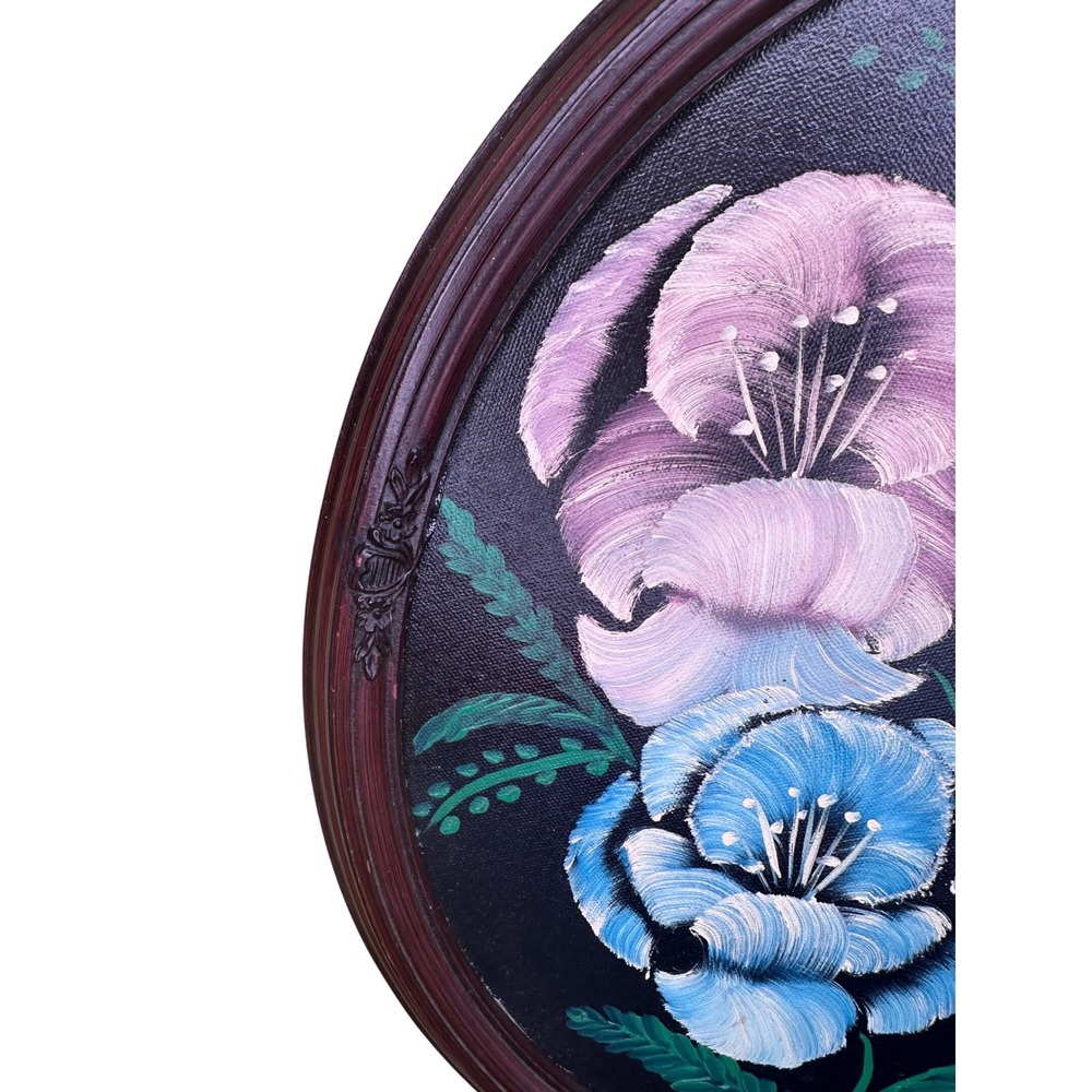 Vintage Signed Jo Ann Floral Oil Painting Oval Framed Blue Purple Whimsigoth - Picture 4 of 9